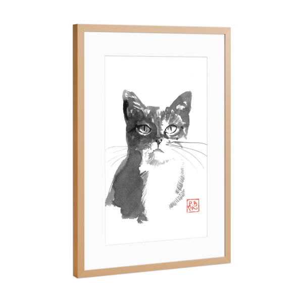 Poster mit Rahmen Kupfer "Mokka-Act" artboxONE - Tiere - Katze,Sumie,Japan,Schwarzweiß,Malerei