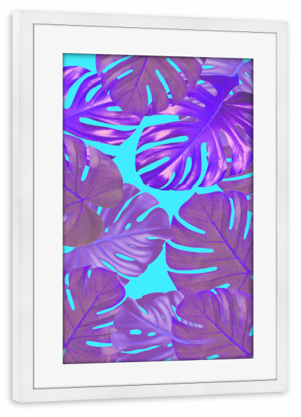 Poster mit Rahmen weiß "Fluorescent Floral" artboxONE - Natur,Floral,Abstrakt,Ultraviolet - Monstera,Holographisch,Pflanze,Blaetter,Tuerkis,Lila