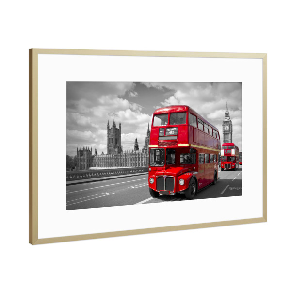 Poster mit Rahmen Gold "LONDON Rote Busse in Westminster" artboxONE - Städte / London,Automobile