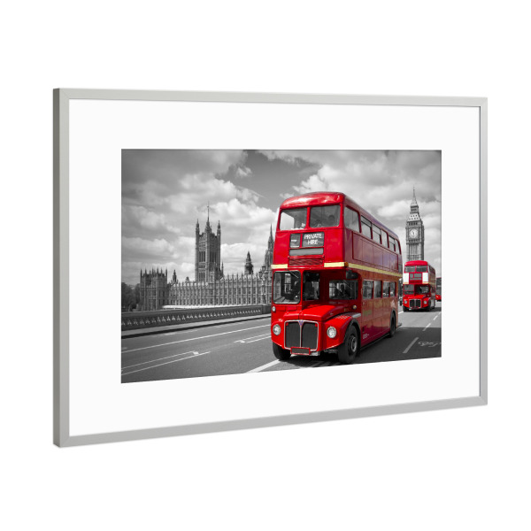 Poster mit Rahmen Silber "LONDON Rote Busse in Westminster" artboxONE - Städte / London,Automobile