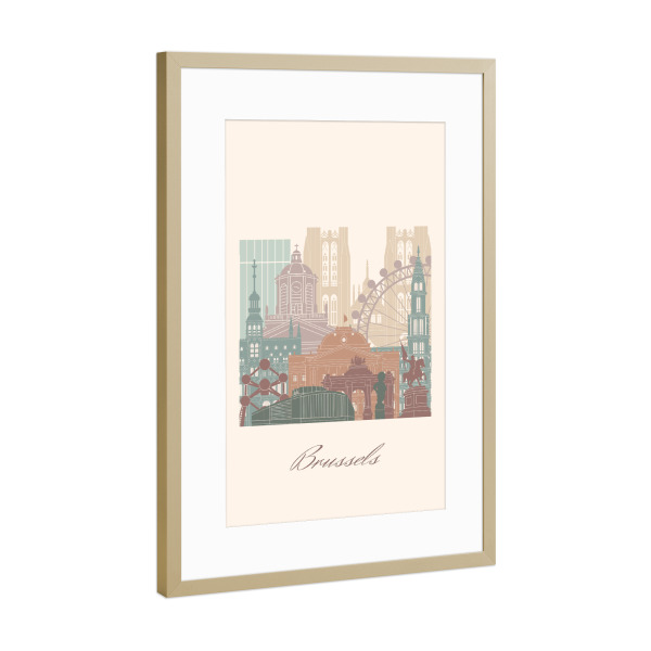 Poster mit Rahmen Gold "Brüsseler Skyline Salbeigrün" artboxONE - Städte,Reise,Architektur,Kartografie