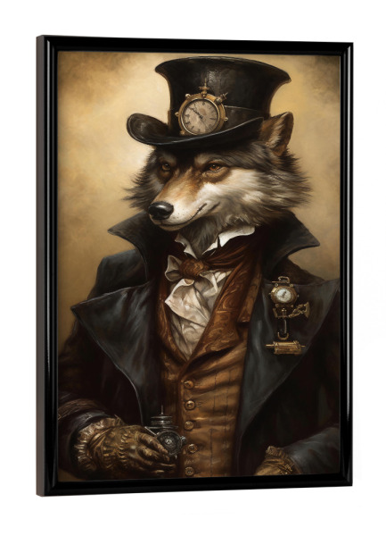 Poster mit schwarzem Rahmen "Steampunk Grauer Wolf" artboxONE - Tiere