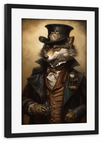 Poster mit Rahmen schwarz "Steampunk Grauer Wolf" artboxONE - Tiere