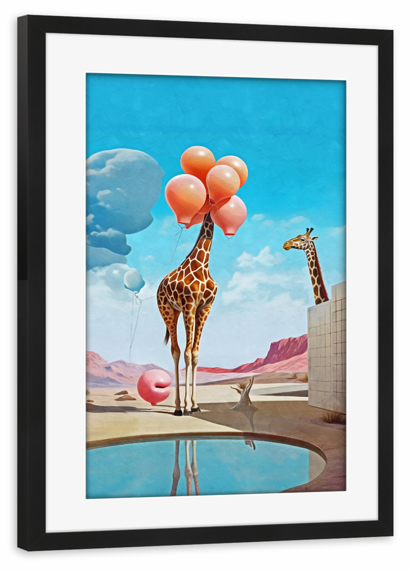 Poster mit Rahmen schwarz "SURREALISMUS GIRAFFE UND BALLON" artboxONE - Tiere,Abstrakt