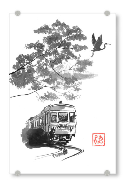 Acrylglasbild "Zugstorch und Fuji" artboxONE - Schwarzweiß,Reise / Asien - Sumie,Japan,Zug,Storch,Fuji