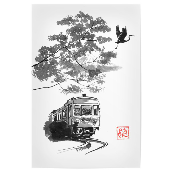 Poster "Zugstorch und Fuji" artboxONE - Schwarzweiß,Reise / Asien - Sumie,Japan,Zug,Storch,Fuji