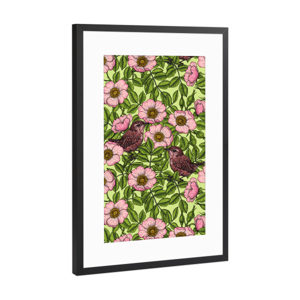 Poster mit Rahmen Schwarz (Metallic) "Zaunkönige in den wilden Rosen" artboxONE - Natur,Floral