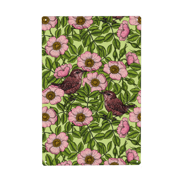 Holzbild "Zaunkönige in den wilden Rosen" artboxONE - Natur,Floral