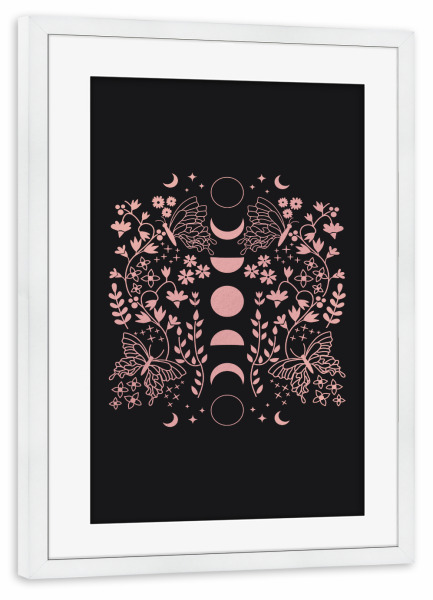 Poster mit Rahmen weiß "Rosa Frühlingsmond" artboxONE - Natur,Abstrakt - Rosa,Schwarz,Mond,Mondphasen,Natur,Magie,Blumen