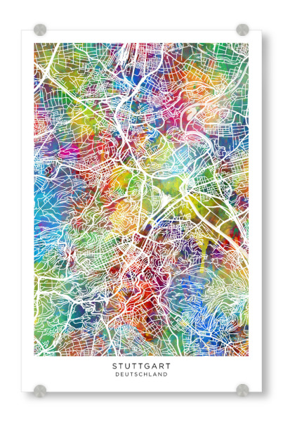 Acrylglasbild "Stuttgart Stadtplan Farbe" artboxONE - Städte - Stuttgart,Deutschland,Stadtkarte,Karte,Aquarell,Malerei