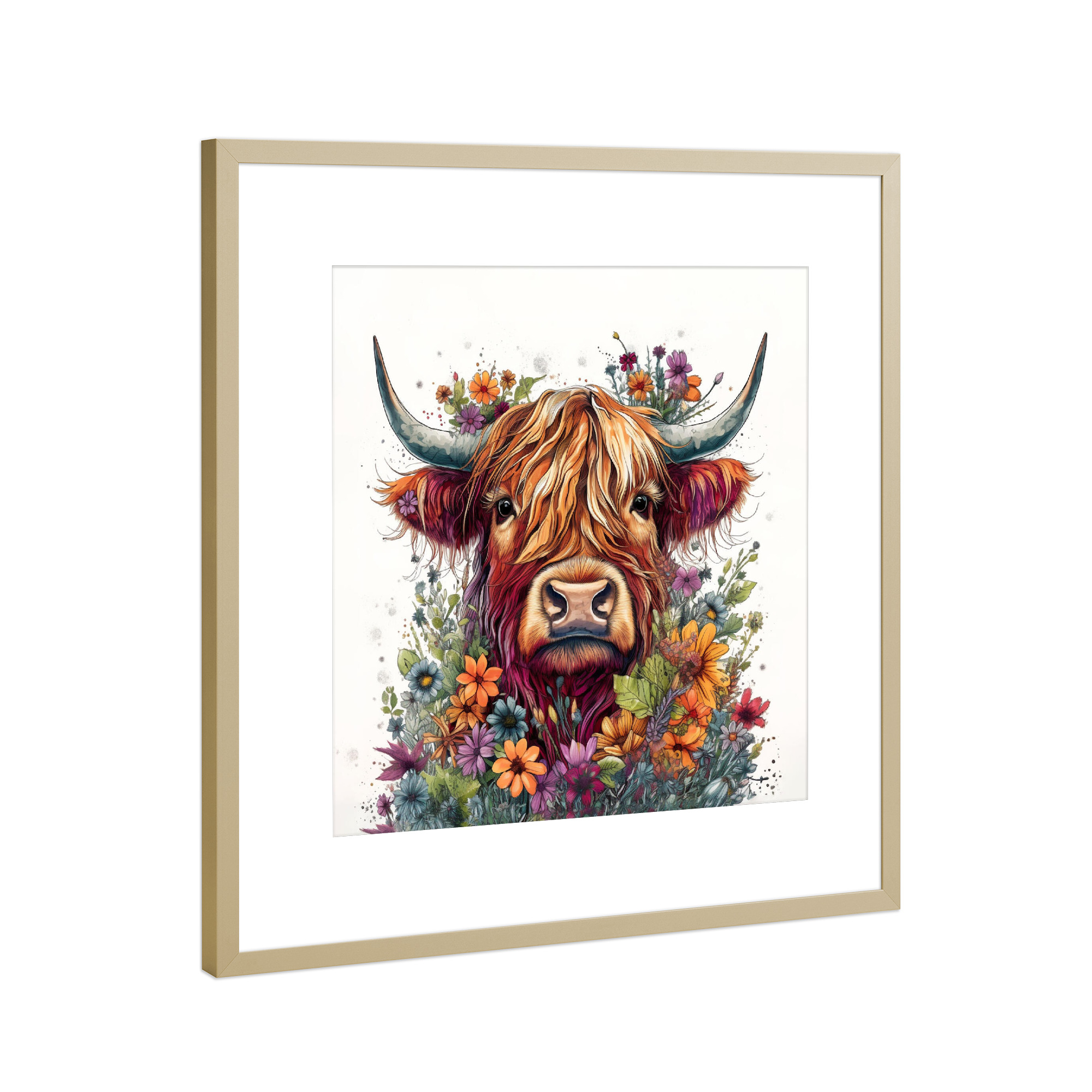Poster mit Rahmen Gold "Blumen Rind" artboxONE - Floral,Tiere,Lustig