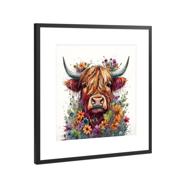 Poster mit Rahmen Schwarz (Metallic) "Blumen Rind" artboxONE - Floral,Tiere,Lustig