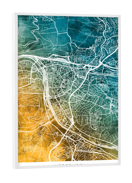 Poster mit weißem Rahmen "Stadtplan Würzburg blaugrün" artboxONE - Städte - Würzburg,Deutschland,Stadtkarte,Karte,Aquarell,Malerei