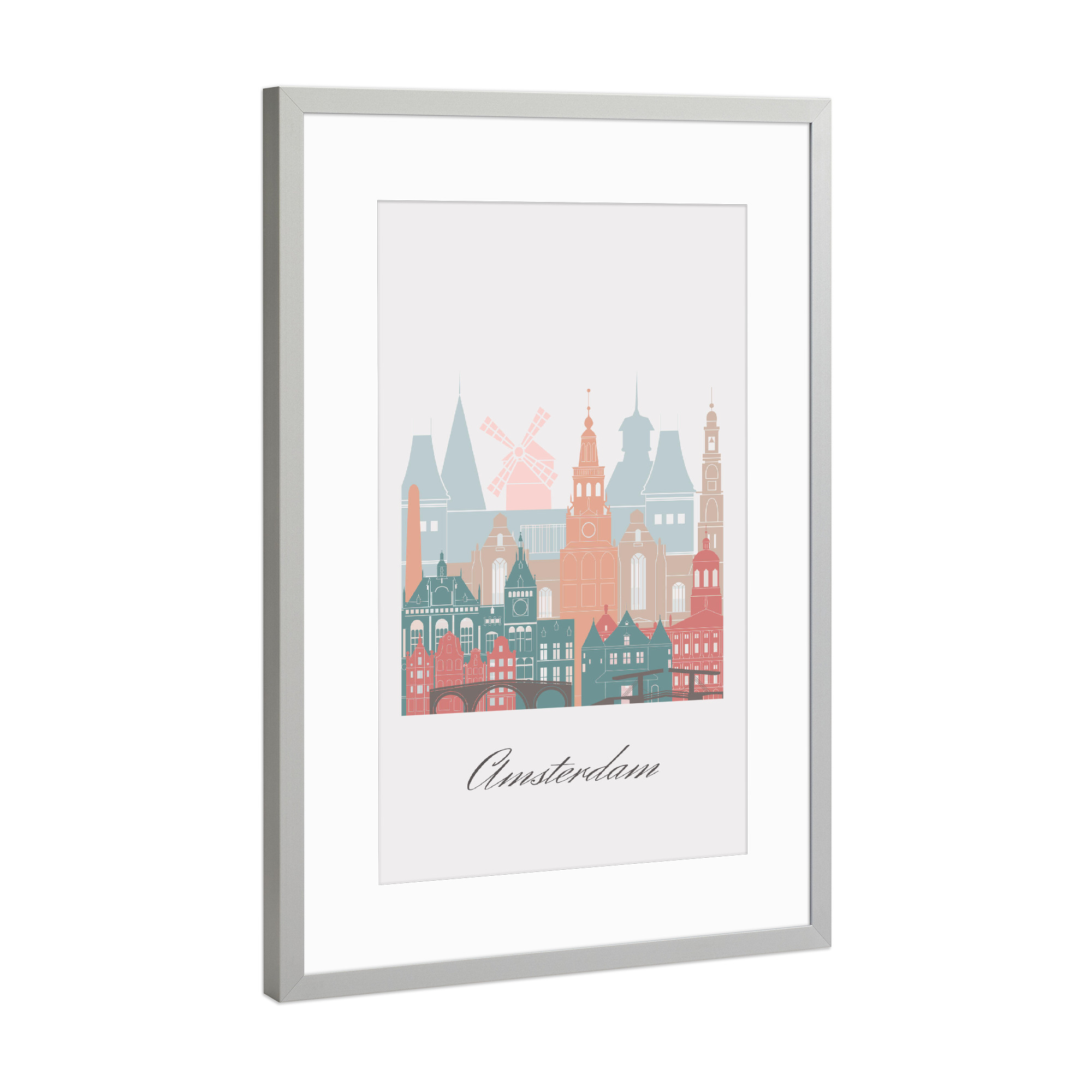 Poster mit Rahmen Silber "Amsterdamer Skyline im Pastellstil" artboxONE - Städte,Reise,Architektur,Städte / Amsterdam,Kartografie