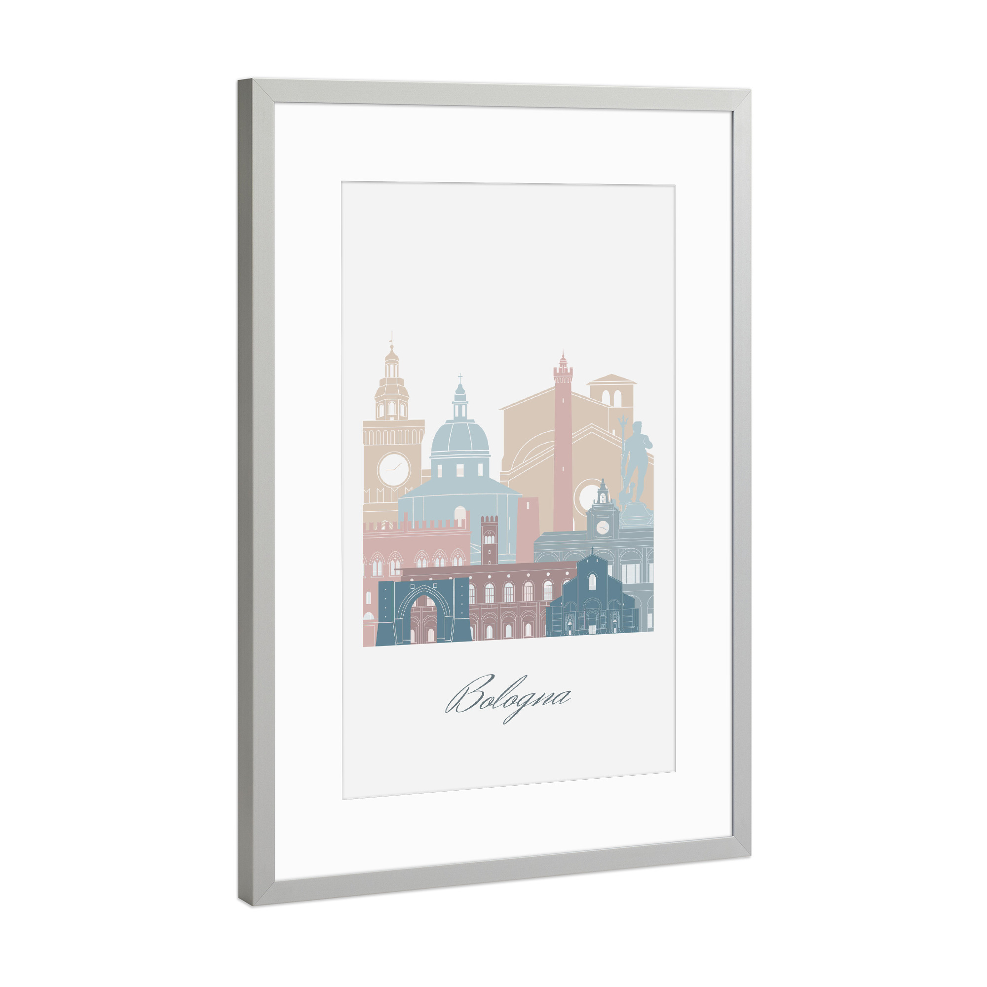Poster mit Rahmen Silber "Skyline von Bologna - Erdtöne" artboxONE - Städte,Reise,Architektur,Kartografie