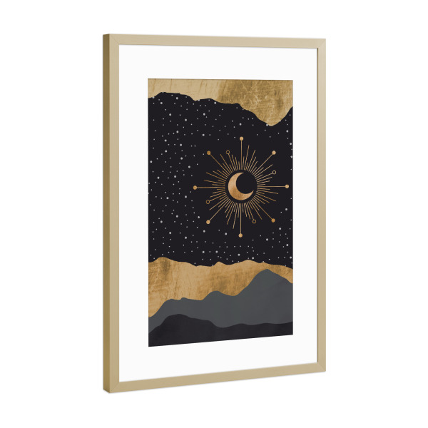 Poster mit Rahmen Gold "Goldene Sternennacht" artboxONE - Natur,Abstrakt - Mond,Sternenhimmel,Sterne,Nacht,Wolke,Landschaft,Berg