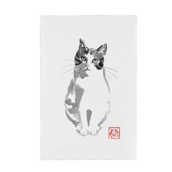 Metall Poster "Fragende Katze" artboxONE - Tiere,Schwarzweiß - Katze,Neko,Sumie,Japan,Minimalistisch,Schwarzweiß - Blechschild