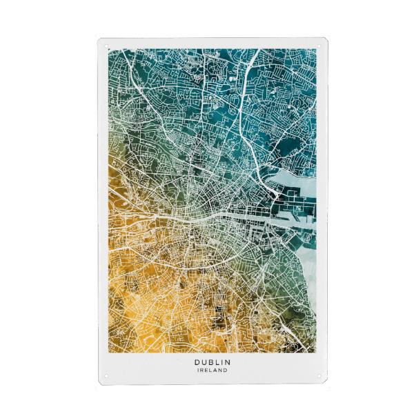 Holzbild "Stadtplan von Dublin, blaugrün" artboxONE - Städte - Dublin,Irland,Stadtkarte,Karte,Stadtplan,Aquarell,Malerei