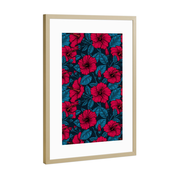 Poster mit Rahmen Gold "Rote Hibiskusblüten" artboxONE - Floral