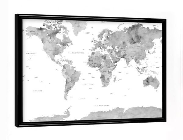 Poster mit schwarzem Rahmen "Weltkarte auf Deutsch, Anton" artboxONE - Schwarzweiß,Kartografie