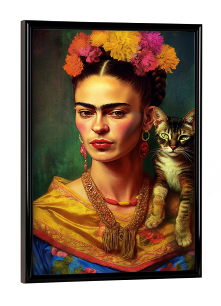 Poster mit schwarzem Rahmen "Frida Kahlo mit Katze" artboxONE - Abstrakt,Menschen,Fashion