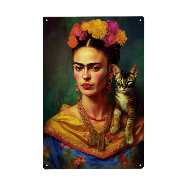 Metall Poster "Frida Kahlo mit Katze" artboxONE - Abstrakt,Menschen,Fashion