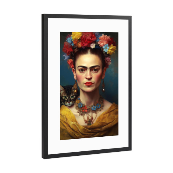 Poster mit Rahmen Schwarz (Metallic) "Frida Kahlo Love Cats" artboxONE - Floral,Menschen,Fashion