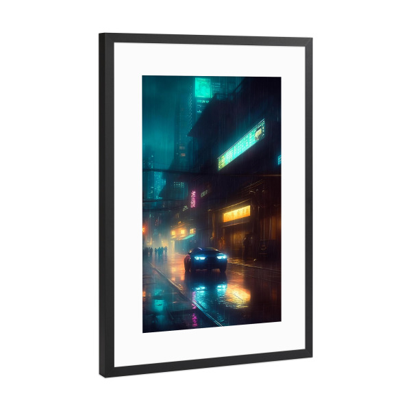 Poster mit Rahmen Schwarz (Metallic) "Ein Neon-Roadtrip" artboxONE - Städte,Automobile,Fiktion