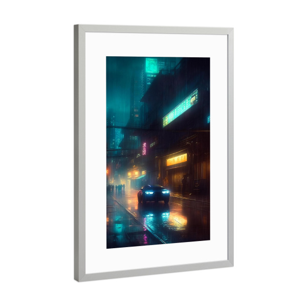 Poster mit Rahmen Silber "Ein Neon-Roadtrip" artboxONE - Städte,Automobile,Fiktion