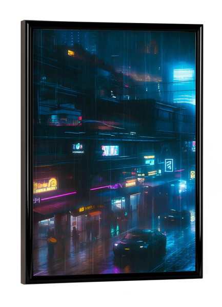 Poster mit schwarzem Rahmen "Cyberpunk-Einkaufsstraße" artboxONE - Städte,Automobile,Fiktion,Für Papa