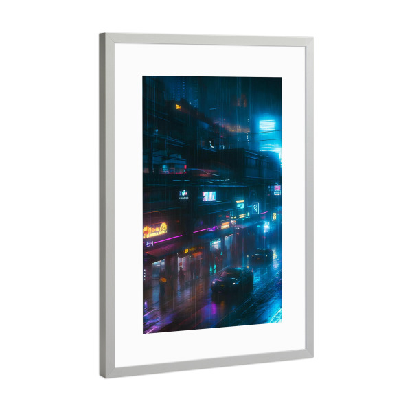 Poster mit Rahmen Silber "Cyberpunk-Einkaufsstraße" artboxONE - Städte,Automobile,Fiktion,Für Papa