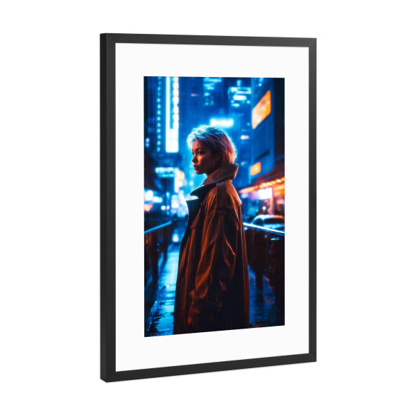 Poster mit Rahmen Schwarz (Metallic) "Eine Cyberpunk-Superheldin" artboxONE - Städte,Menschen,Fiktion