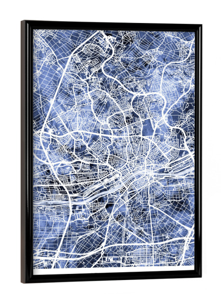 Poster mit schwarzem Rahmen "Frankfurt Stadtplan Blau" artboxONE - Städte - Frankfurt,Deutschland,Stadtkarte,Karte,Stadtplan,Aquarell,Malerei
