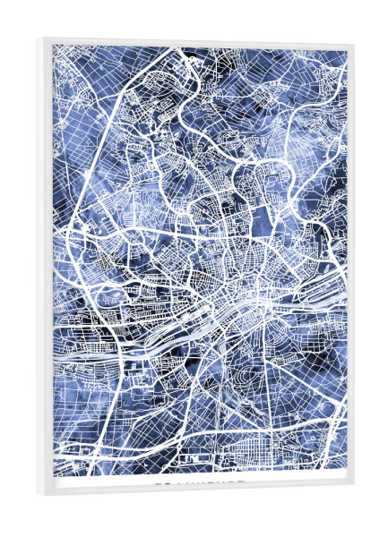 Poster mit weißem Rahmen "Frankfurt Stadtplan Blau" artboxONE - Städte - Frankfurt,Deutschland,Stadtkarte,Karte,Stadtplan,Aquarell,Malerei