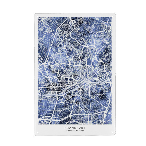 Metall Poster "Frankfurt Stadtplan Blau" artboxONE - Städte - Frankfurt,Deutschland,Stadtkarte,Karte,Stadtplan,Aquarell,Malerei - Blechschild