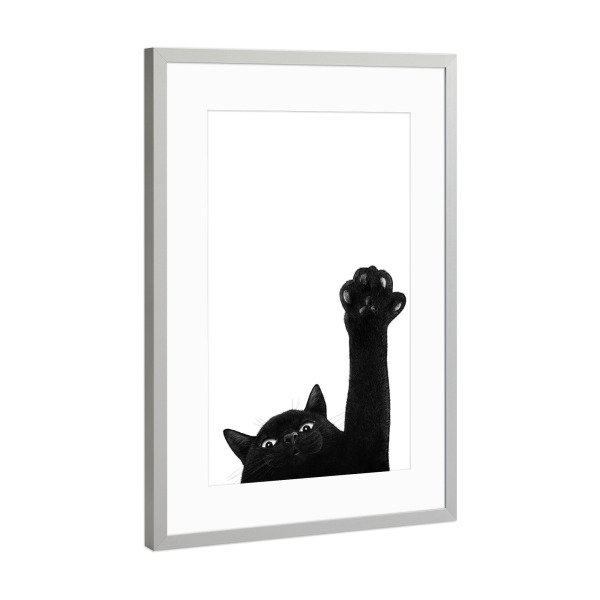 Poster mit Rahmen Silber "Schwarze Katze mit Pfote" artboxONE - Natur,Tiere,Weihnachten,Halloween,Lustig