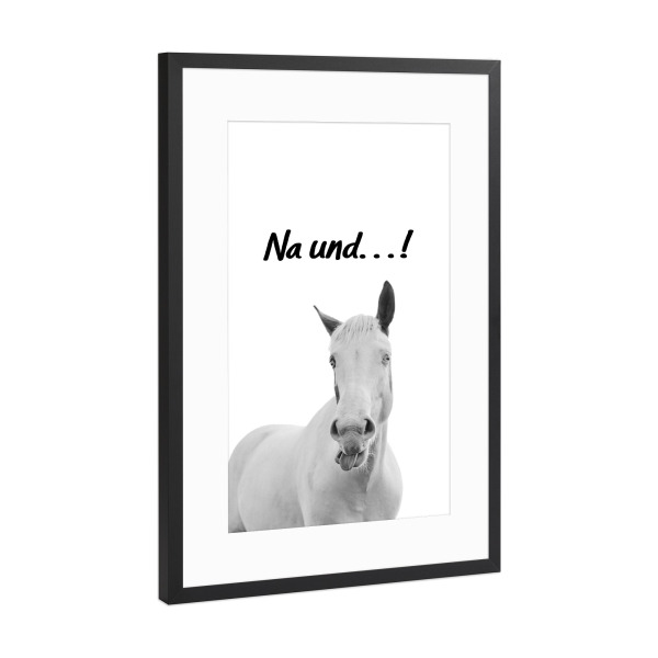 Poster mit Rahmen Schwarz (Metallic) "Lustiges weißes Pferd" artboxONE - Tiere,Schwarzweiß,Lustig