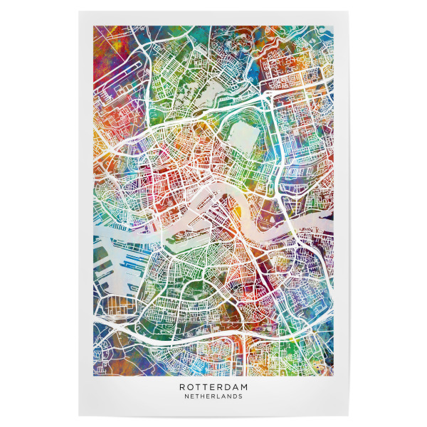 Poster 30x20 cm "Rotterdam-Skyline-Farbe" artboxONE - Städte - Rotterdam,Niederlande,Stadtkarte,Karte,Stadtplan,Aquarell,Malerei