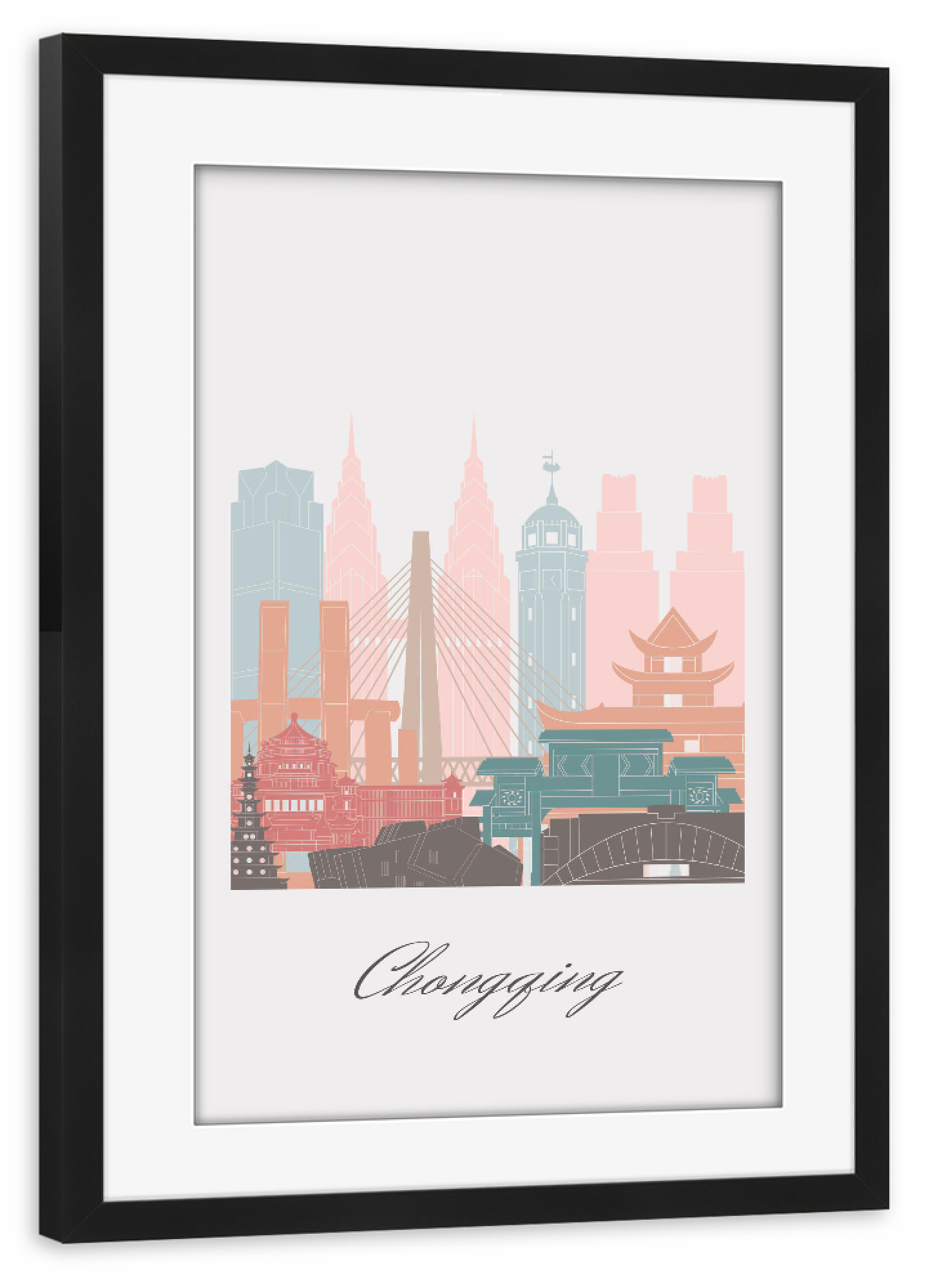 Poster mit Rahmen schwarz "Skyline - Chongqing im Pastellstil" artboxONE - Städte,Reise,Architektur,Kartografie