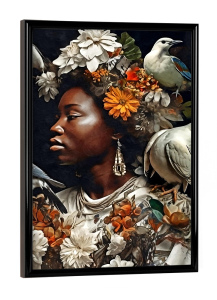 Poster mit schwarzem Rahmen "Blumenfrau mit weißen Vögeln" artboxONE - Natur,Abstrakt,Menschen