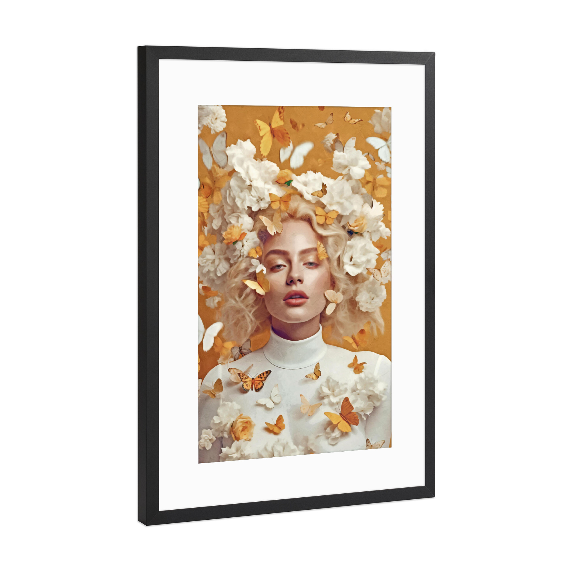 Poster mit Rahmen Schwarz (Metallic) "Blumenfrau mit Gelb" artboxONE - Natur,Abstrakt,Menschen - Frau,Blumen,Blumen,Großes puzzle,Figurativ,Orange