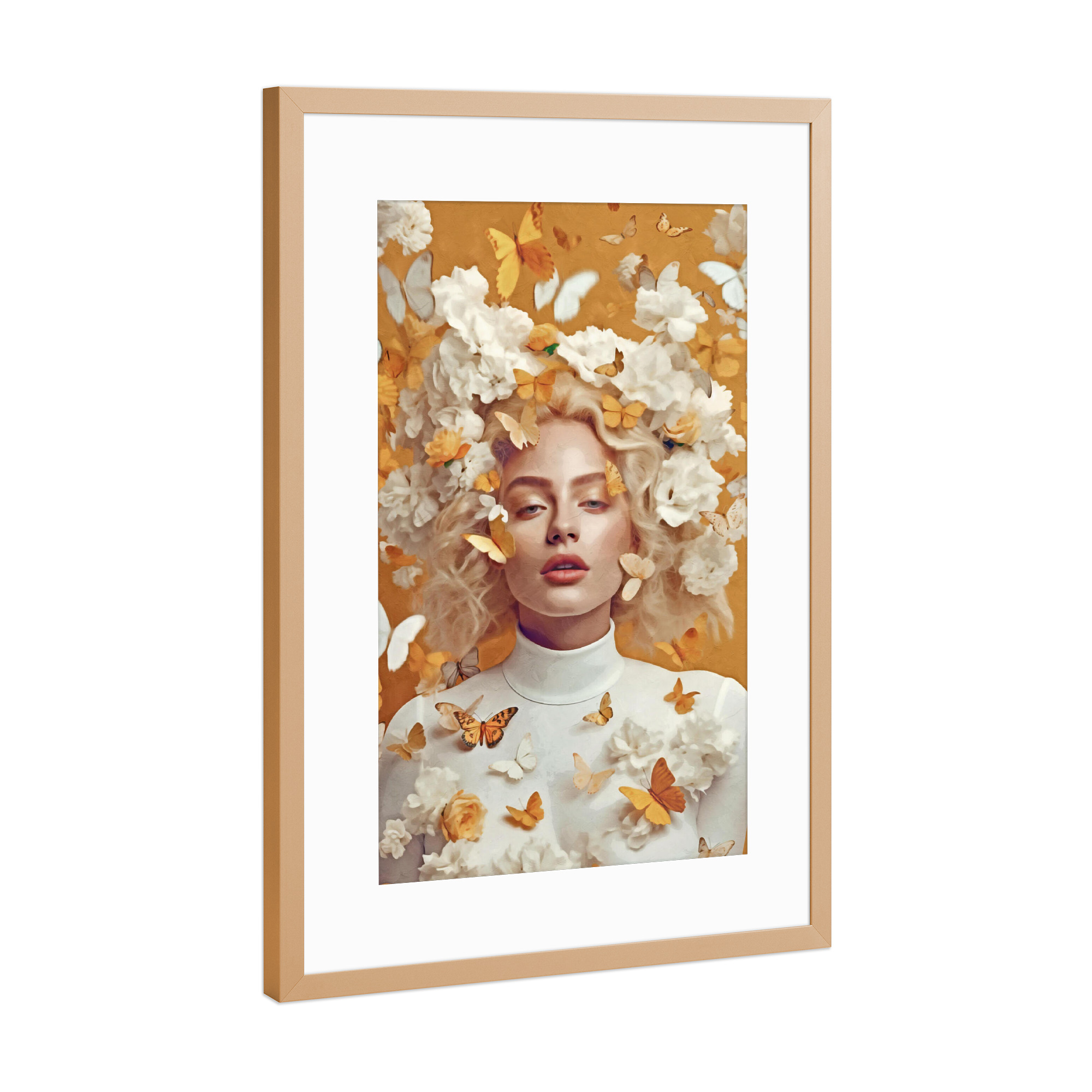 Poster mit Rahmen Kupfer "Blumenfrau mit Gelb" artboxONE - Natur,Abstrakt,Menschen - Frau,Blumen,Blumen,Großes puzzle,Figurativ,Orange