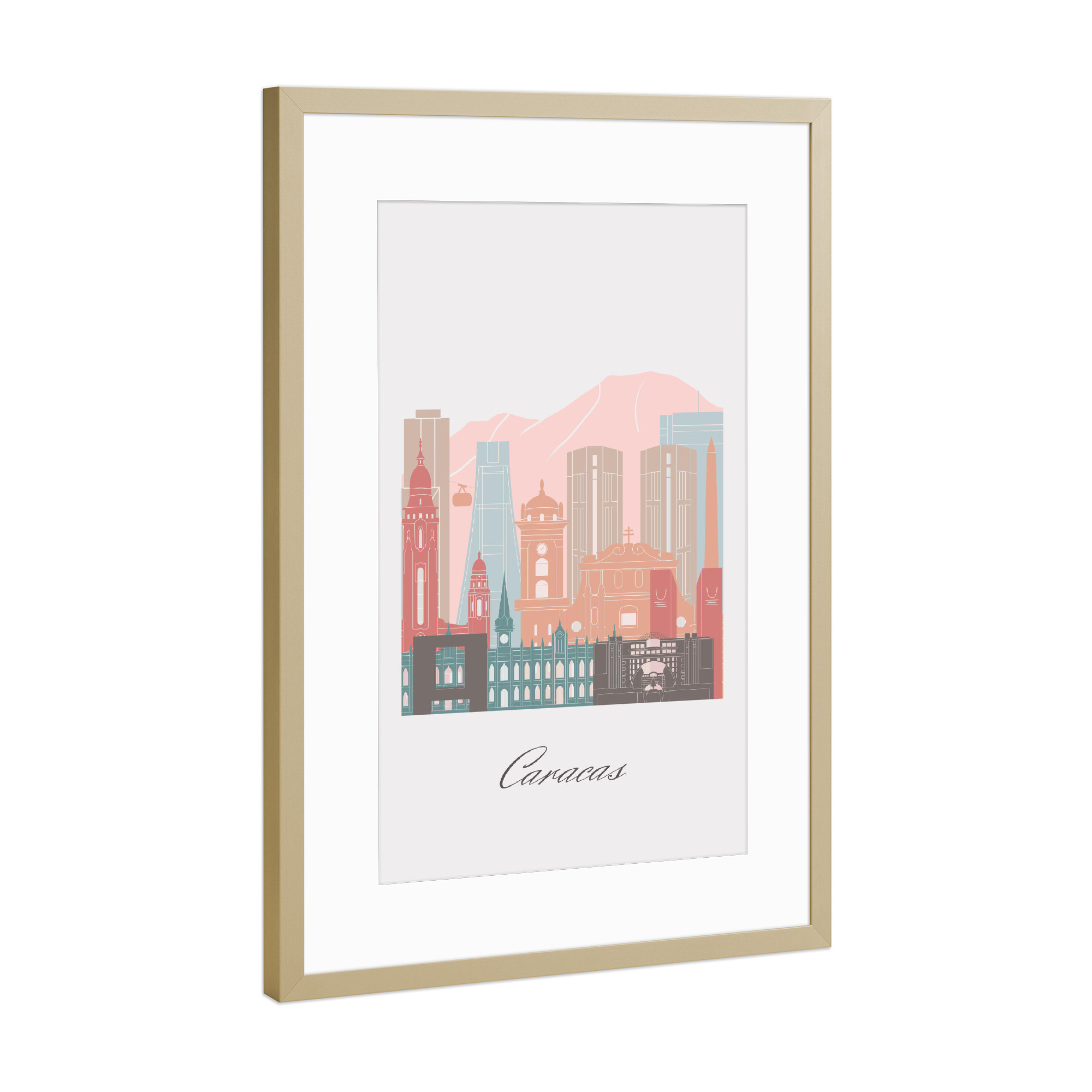 Poster mit Rahmen Gold "Caracas-Skyline im Pastellstil" artboxONE - Städte,Reise,Architektur,Kartografie