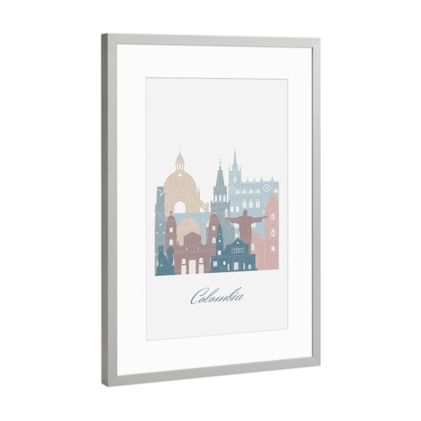 Poster mit Rahmen Silber "Kolumbien-Skyline im Erdton-Stil" artboxONE - Städte,Reise,Architektur,Kartografie