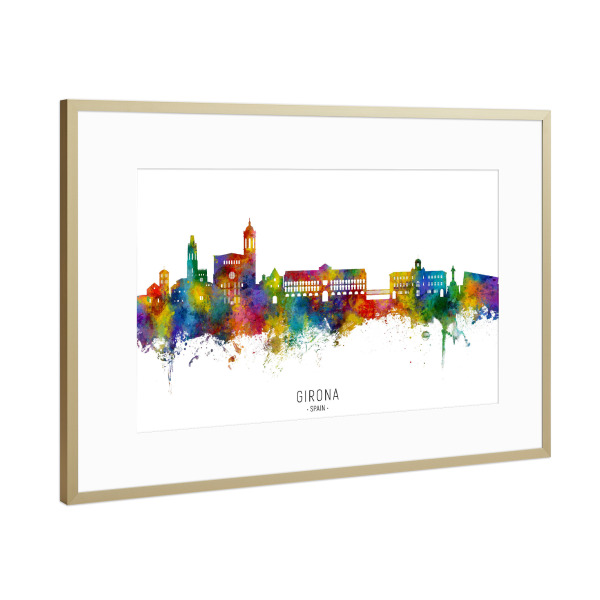 Poster mit Rahmen Gold "Girona Spanien Skyline txttwo" artboxONE - Städte - Girona,Spanien,Skyline,Stadtbild,Stadtbild,Aquarell,Malerei
