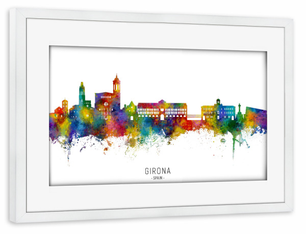 Poster mit Rahmen weiß "Girona Spanien Skyline txttwo" artboxONE - Städte - Girona,Spanien,Skyline,Stadtbild,Stadtbild,Aquarell,Malerei