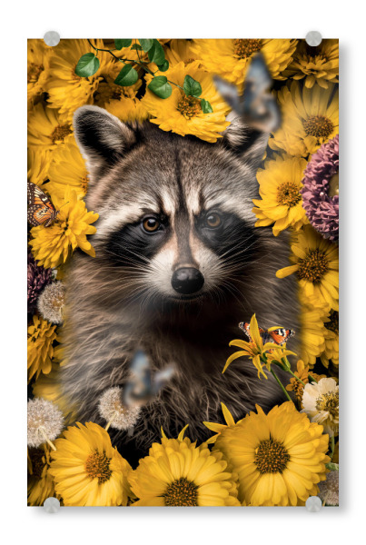 Acrylglasbild "Blumenwaschbär" artboxONE - Natur,Floral,Tiere - Waschbär,Waschbären,Tier,Blumen,Botanisch,Sonnenblume