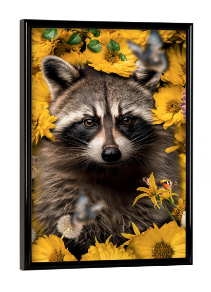 Poster mit schwarzem Rahmen "Blumenwaschbär" artboxONE - Natur,Floral,Tiere - Waschbär,Waschbären,Tier,Blumen,Botanisch,Sonnenblume