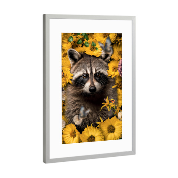 Poster mit Rahmen Silber "Blumenwaschbär" artboxONE - Natur,Floral,Tiere - Waschbär,Waschbären,Tier,Blumen,Botanisch,Sonnenblume