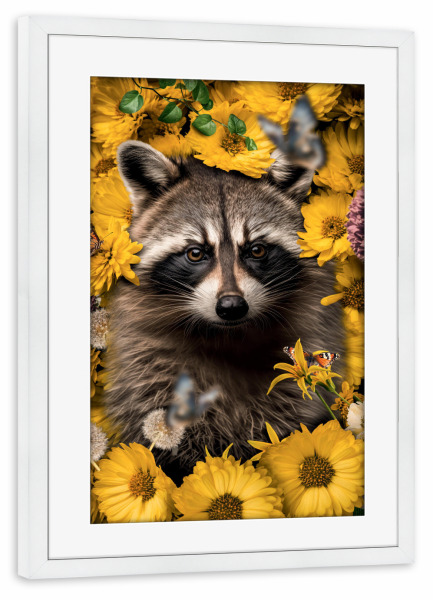 Poster mit Rahmen weiß "Blumenwaschbär" artboxONE - Natur,Floral,Tiere - Waschbär,Waschbären,Tier,Blumen,Botanisch,Sonnenblume